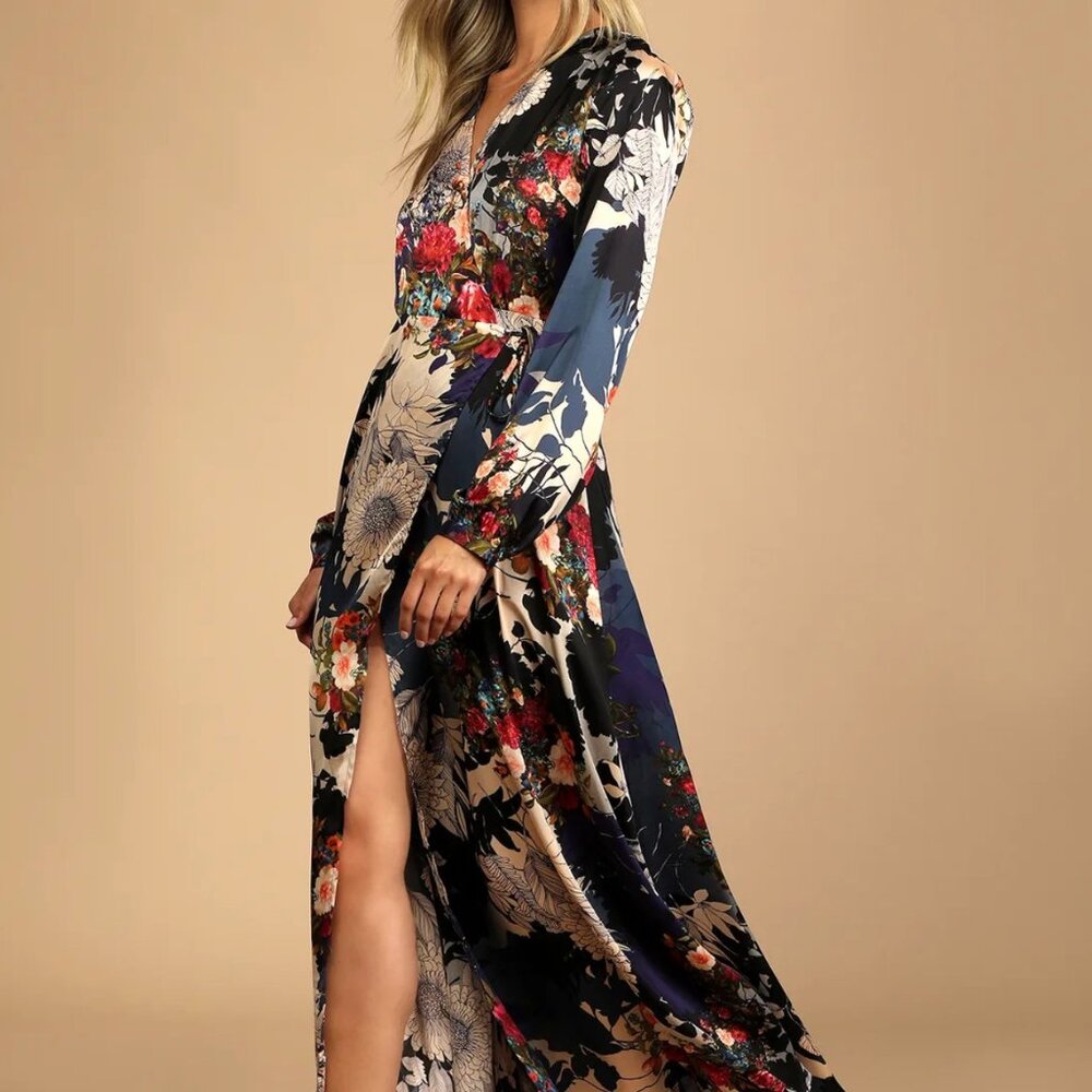 NTW - Lulus - Put on a Smile Blue Floral Satin Wrap Maxi Dress - Size Medium